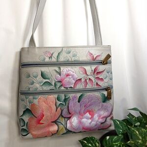 ANUSCHKA Hand Painted Leather Crossbody Bag Peonies